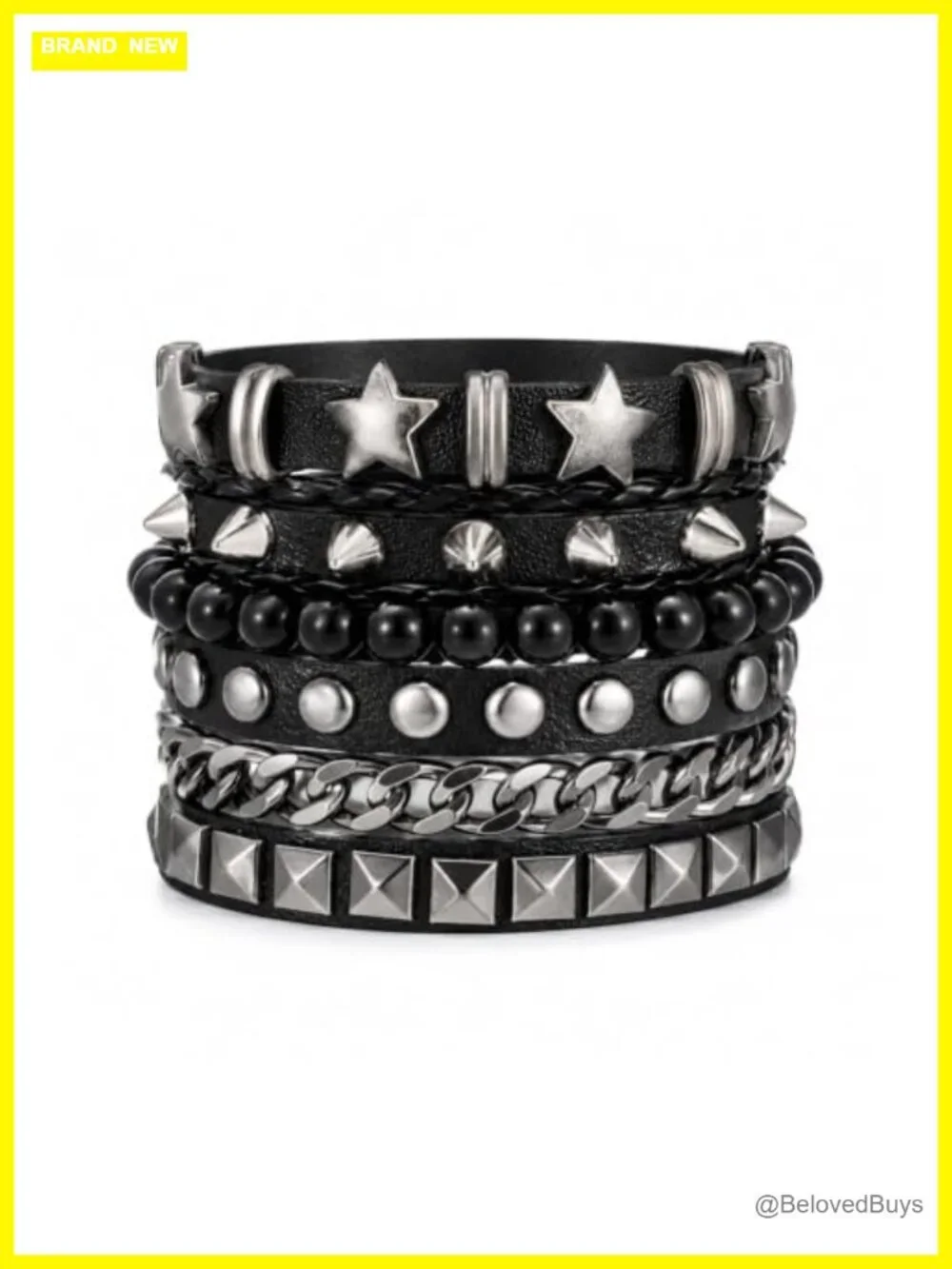 4pc Studded PU Leather Punk Cuff Bracelet Set Unisex Adjustable